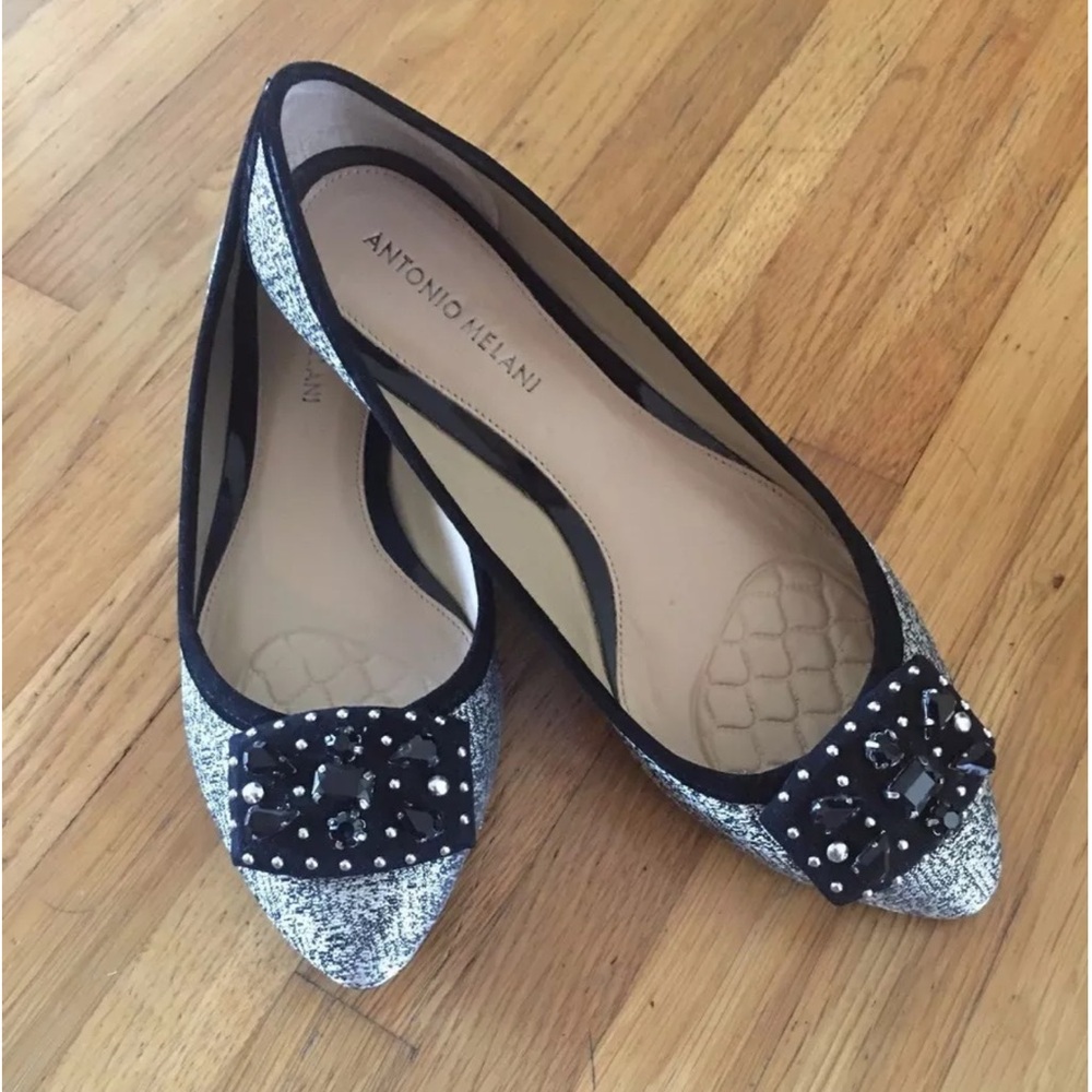 Antonio Melani Black & Silver Flats w/Silver Studs & Large BlackRhinestones 8.5M
